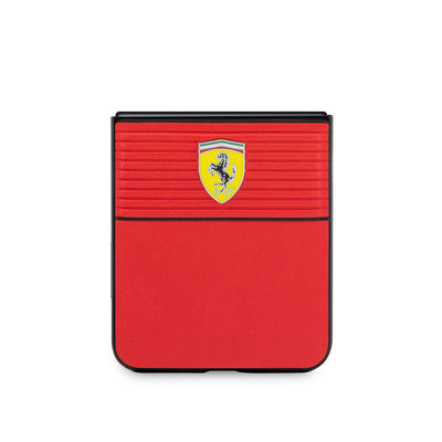 Galaxy Z Flip 5 Kılıf Ferrari Orjinal Lisanslı PU Deri Metal Logolu Multi Çizgili Kapak Siyah