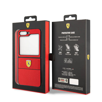 Galaxy Z Flip 5 Kılıf Ferrari Orjinal Lisanslı PU Deri Metal Logolu Multi Çizgili Kapak Siyah