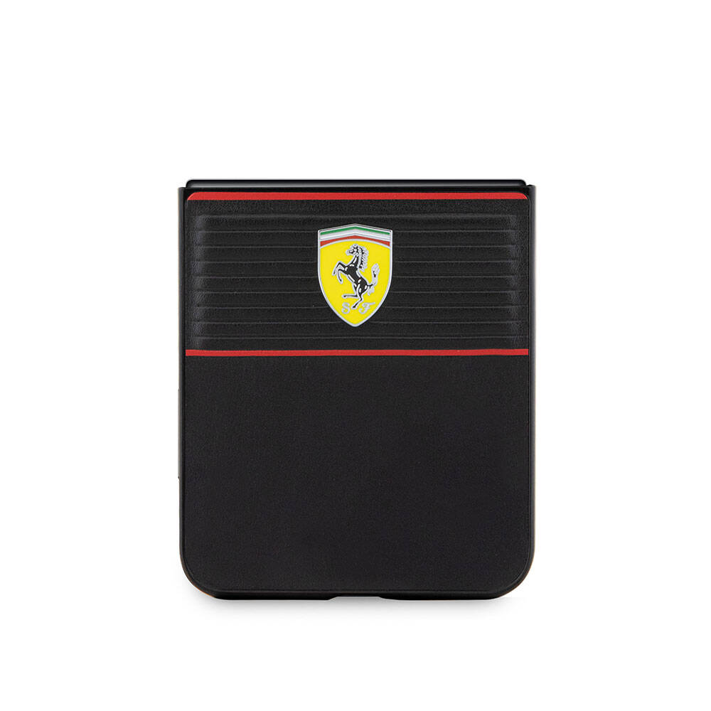 Galaxy Z Flip 5 Kılıf Ferrari Orjinal Lisanslı PU Deri Metal Logolu Multi Çizgili Kılıf