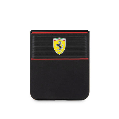 Galaxy Z Flip 5 Kılıf Ferrari Orjinal Lisanslı PU Deri Metal Logolu Multi Çizgili Kılıf