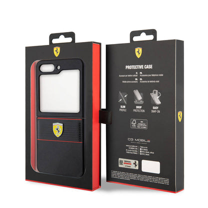 Galaxy Z Flip 5 Kılıf Ferrari Orjinal Lisanslı PU Deri Metal Logolu Multi Çizgili Kılıf