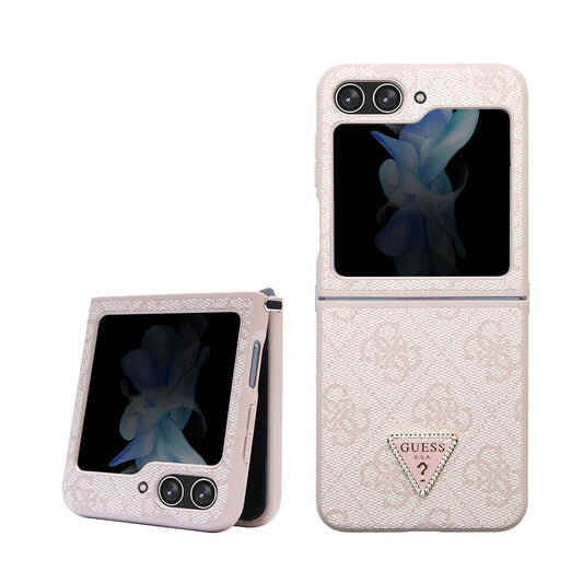 Galaxy Z Flip 5 Kılıf Guess Orjinal Lisanslı PU Deri Taşlı Üçgen Logo 4G Desenli Strass Kılıf