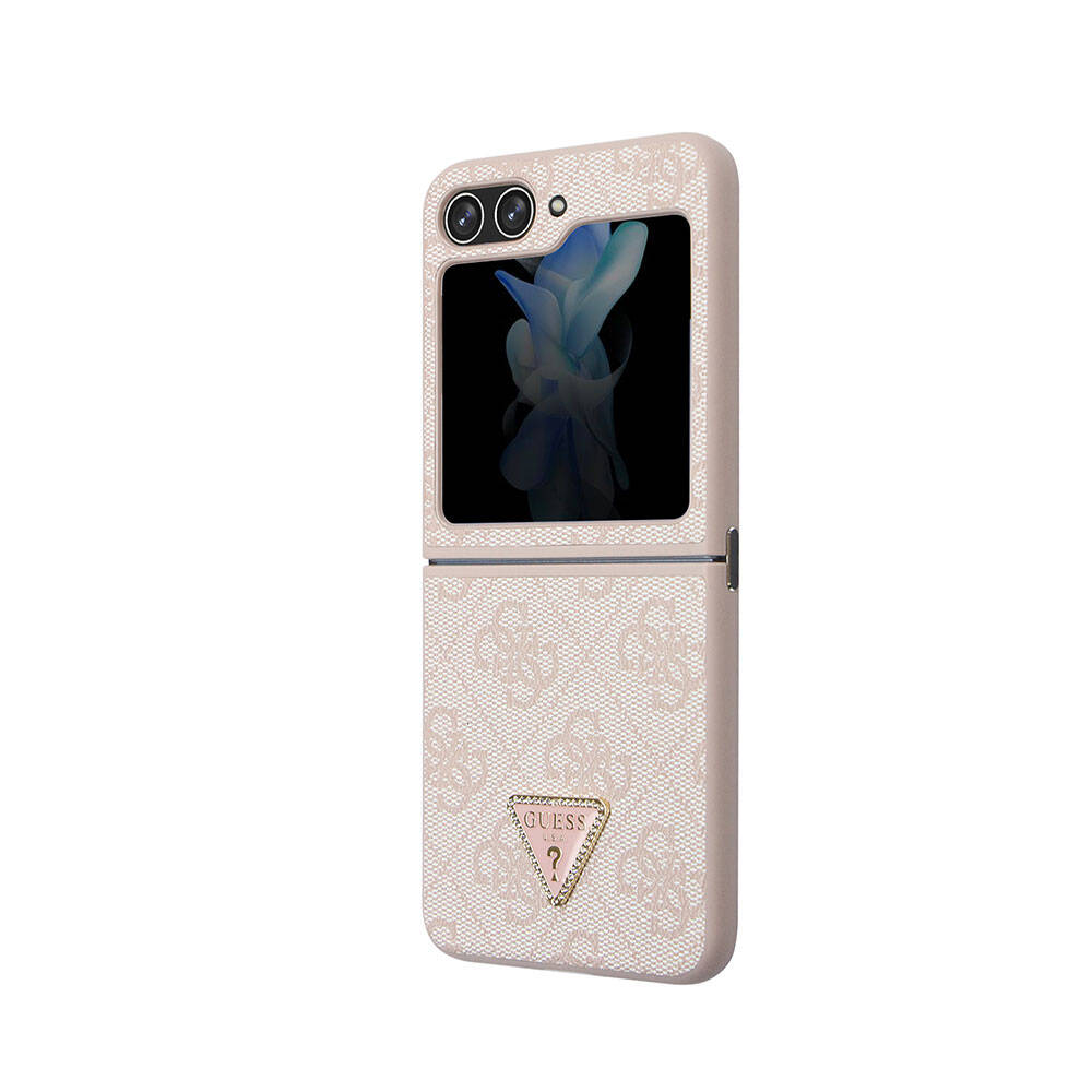 Galaxy Z Flip 5 Kılıf Guess Orjinal Lisanslı PU Deri Taşlı Üçgen Logo 4G Desenli Strass Kılıf