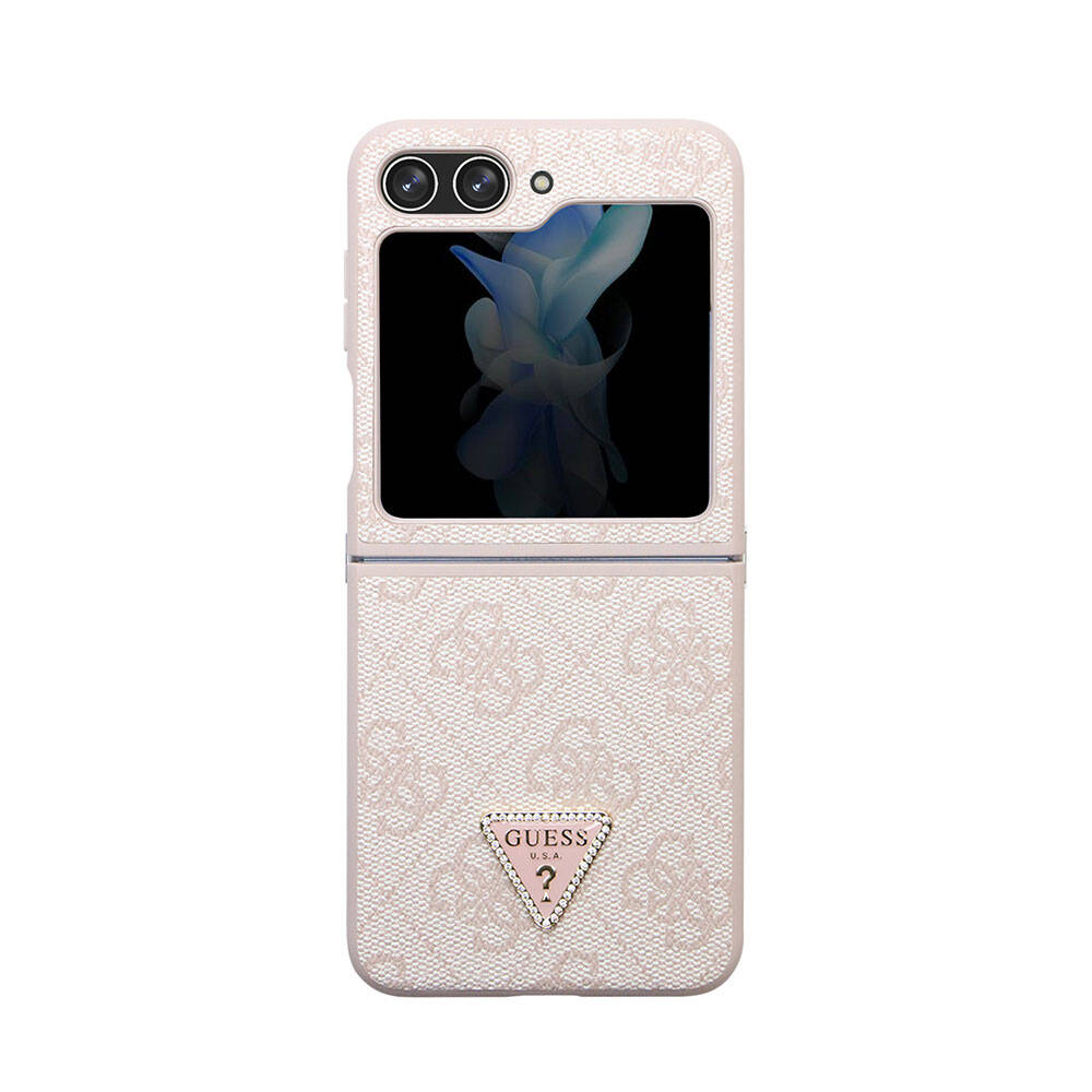 Galaxy Z Flip 5 Kılıf Guess Orjinal Lisanslı PU Deri Taşlı Üçgen Logo 4G Desenli Strass Kılıf