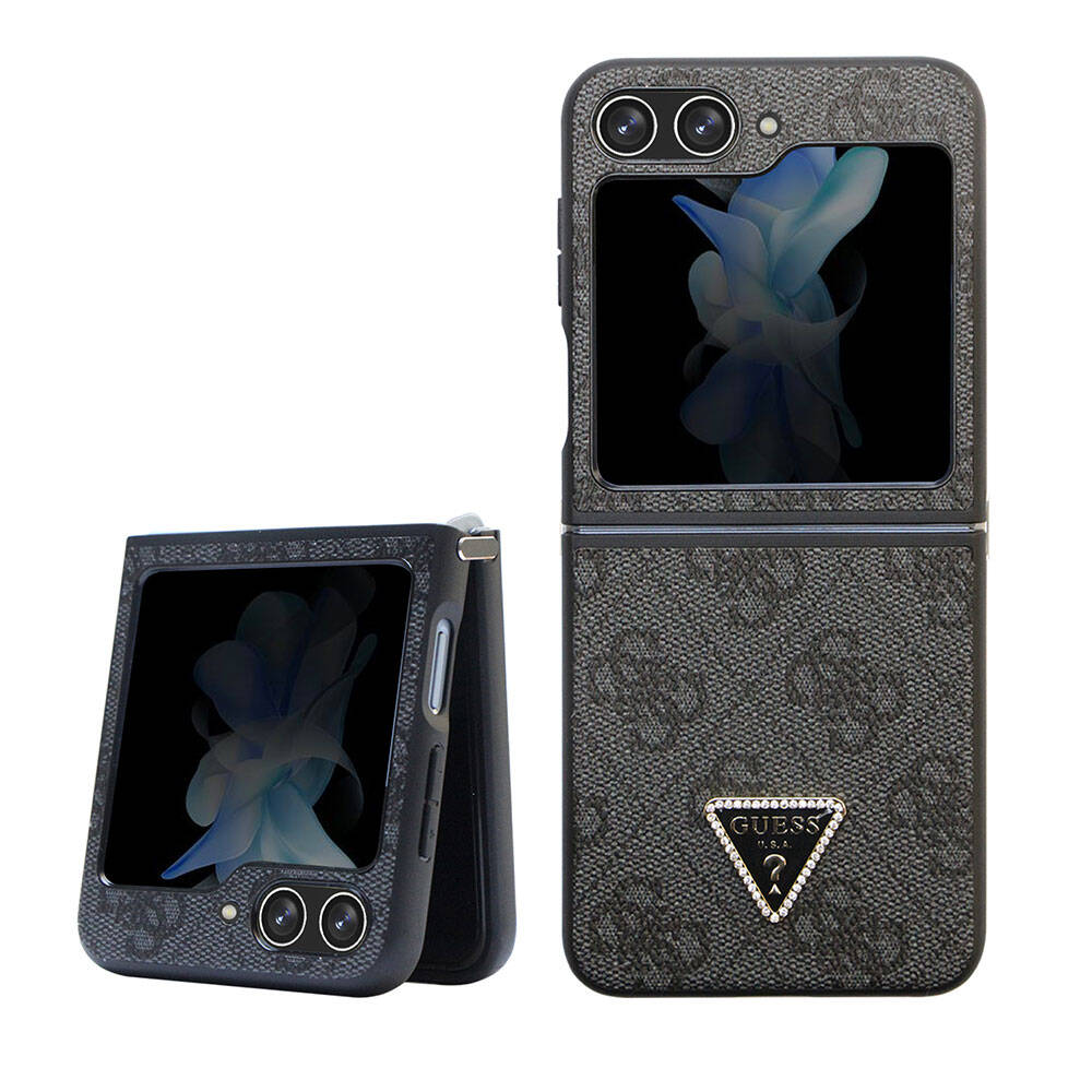Galaxy Z Flip 5 Kılıf Guess Orjinal Lisanslı PU Deri Taşlı Üçgen Logo 4G Desenli Strass Kılıf