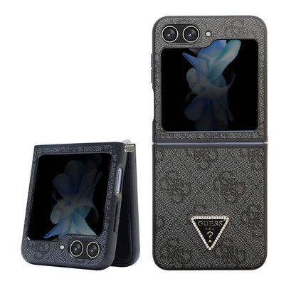 Galaxy Z Flip 5 Kılıf Guess Orjinal Lisanslı PU Deri Taşlı Üçgen Logo 4G Desenli Strass Kılıf