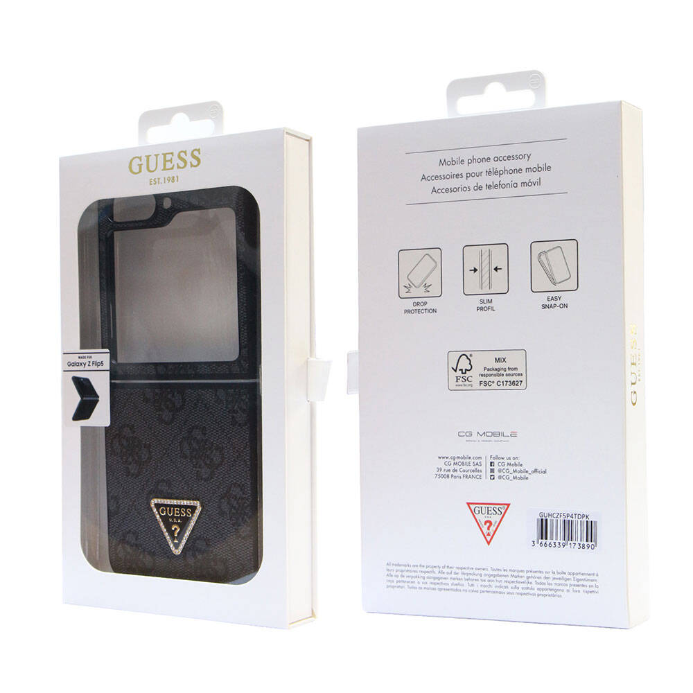 Galaxy Z Flip 5 Kılıf Guess Orjinal Lisanslı PU Deri Taşlı Üçgen Logo 4G Desenli Strass Kılıf
