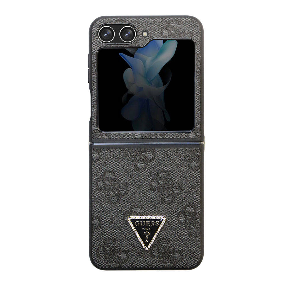 Galaxy Z Flip 5 Kılıf Guess Orjinal Lisanslı PU Deri Taşlı Üçgen Logo 4G Desenli Strass Kılıf