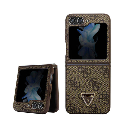 Galaxy Z Flip 5 Kılıf Guess Orjinal Lisanslı PU Deri Taşlı Üçgen Logo 4G Desenli Strass Kılıf