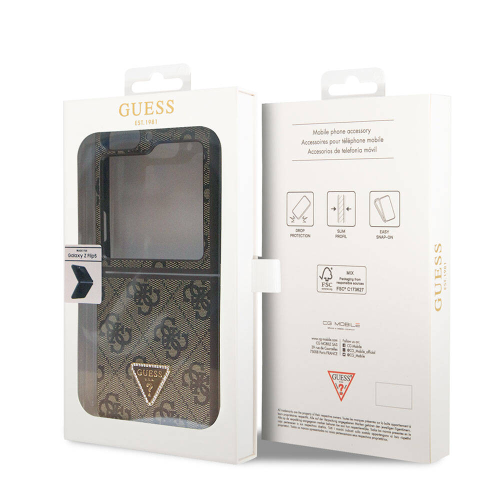Galaxy Z Flip 5 Kılıf Guess Orjinal Lisanslı PU Deri Taşlı Üçgen Logo 4G Desenli Strass Kılıf