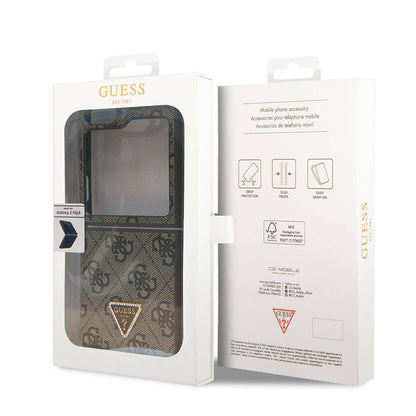 Galaxy Z Flip 5 Kılıf Guess Orjinal Lisanslı PU Deri Taşlı Üçgen Logo 4G Desenli Strass Kılıf