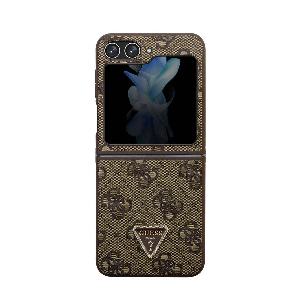 Galaxy Z Flip 5 Kılıf Guess Orjinal Lisanslı PU Deri Taşlı Üçgen Logo 4G Desenli Strass Kılıf