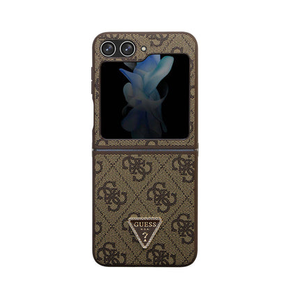 Galaxy Z Flip 5 Kılıf Guess Orjinal Lisanslı PU Deri Taşlı Üçgen Logo 4G Desenli Strass Kılıf