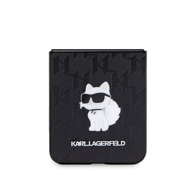 Galaxy Z Flip 5 Kılıf Karl Lagerfeld Orjinal Lisanslı KL Desenli Choupette İkonik Saffiano Kapak Siyah