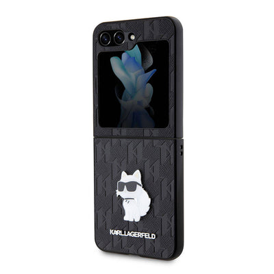 Galaxy Z Flip 5 Kılıf Karl Lagerfeld Orjinal Lisanslı KL Desenli Choupette İkonik Saffiano Kapak Siyah