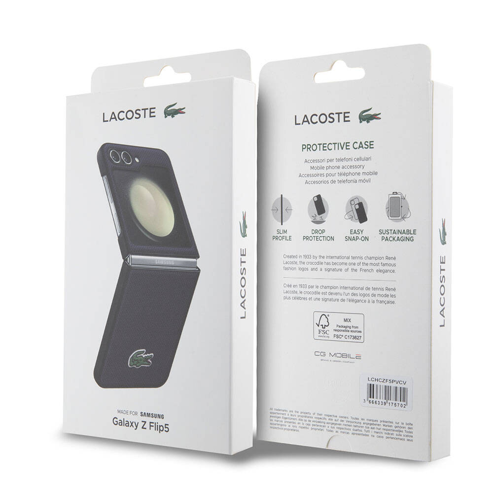 Galaxy Z Flip 5 Kılıf Lacoste Orjinal Lisanslı PU Pike Desenli Arka Yüzey İkonik Timsah Dokuma Logolu Kapak Lacivert