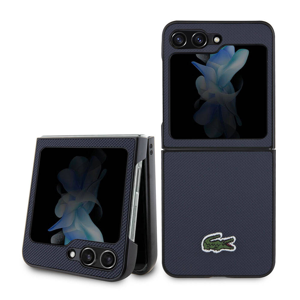 Galaxy Z Flip 5 Kılıf Lacoste Orjinal Lisanslı PU Pike Desenli Arka Yüzey İkonik Timsah Dokuma Logolu Kapak Lacivert