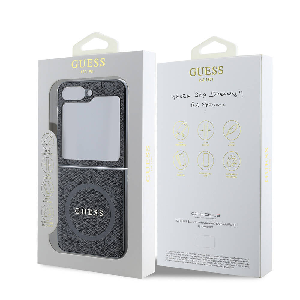 Galaxy Z Flip 6 Kılıf Guess Orjinal Lisanslı Magsafe Şarj Özellikli Saffiano Metal Logo Kapak Siyah
