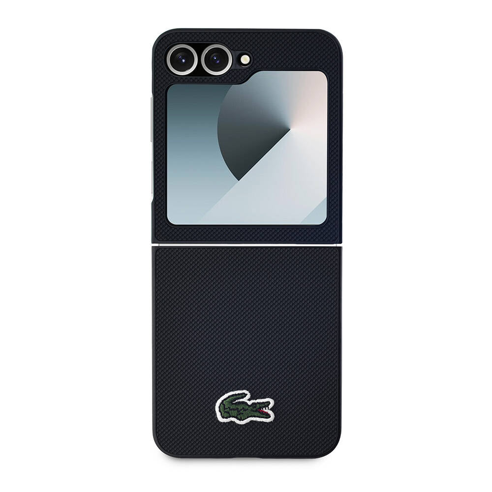 Galaxy Z Flip 6 Kılıf Lacoste Orjinal Lisanslı Magsafe Şarj Özellikli Pike Desenli Arka Yüzey İkonik Timsah Dokuma Logolu Kapak Siyah