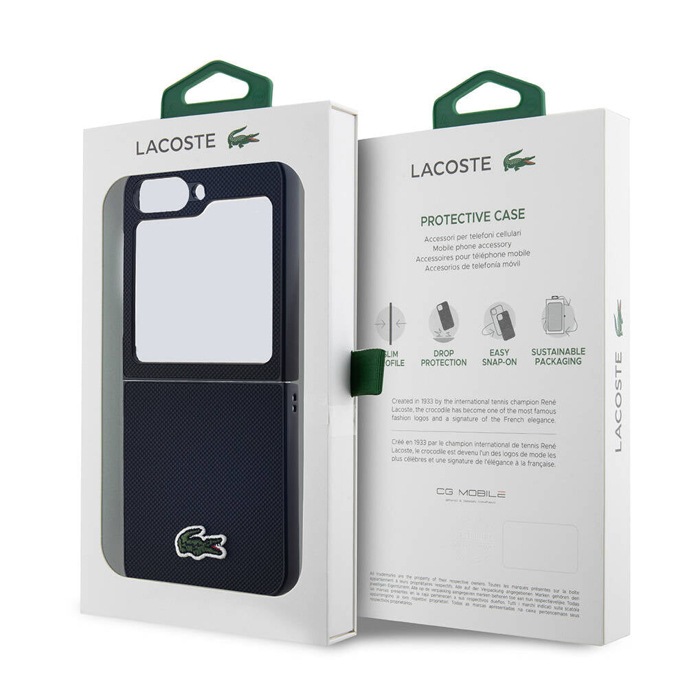 Galaxy Z Flip 6 Kılıf Lacoste Orjinal Lisanslı Magsafe Şarj Özellikli Pike Desenli Arka Yüzey İkonik Timsah Dokuma Logolu Kapak Siyah
