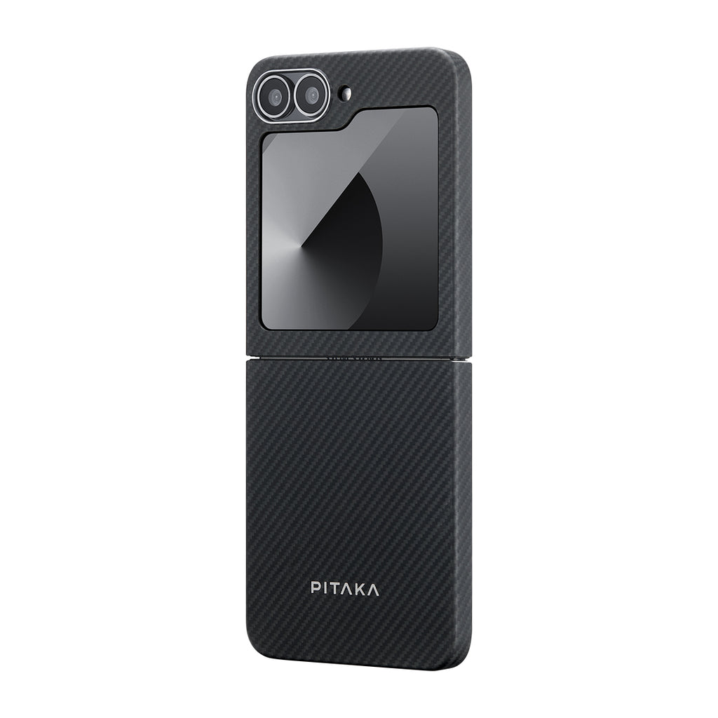 Galaxy Z Flip 6 Kılıf M-safe Şarj Özellikli 600D Aramid Fiber Pitaka Ultra-Slim Classic Serisi Black-Grey Twill Kılıf