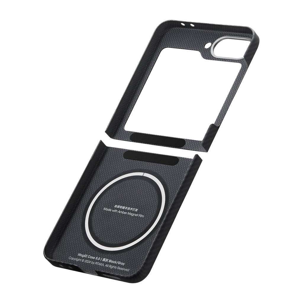 Galaxy Z Flip 6 Kılıf M-safe Şarj Özellikli 600D Aramid Fiber Pitaka Ultra-Slim Classic Serisi Black-Grey Twill Kılıf