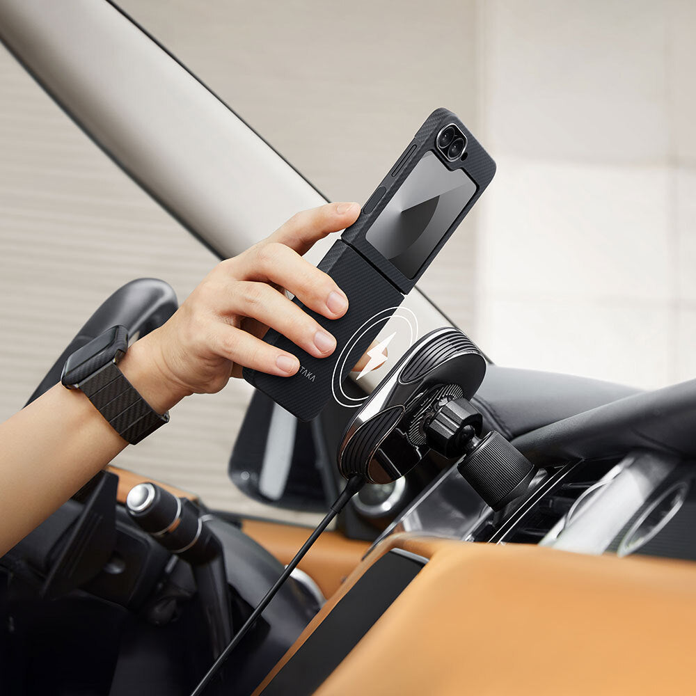 Galaxy Z Flip 6 Kılıf M-safe Şarj Özellikli 600D Aramid Fiber Pitaka Ultra-Slim Classic Serisi Black-Grey Twill Kılıf