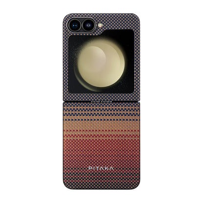 Galaxy Z Flip 6 Kılıf M-safe Şarj Özellikli Aramid Fiber Pitaka Tactile Woven Sunset-Moonrise Serisi Sunset Kılıf