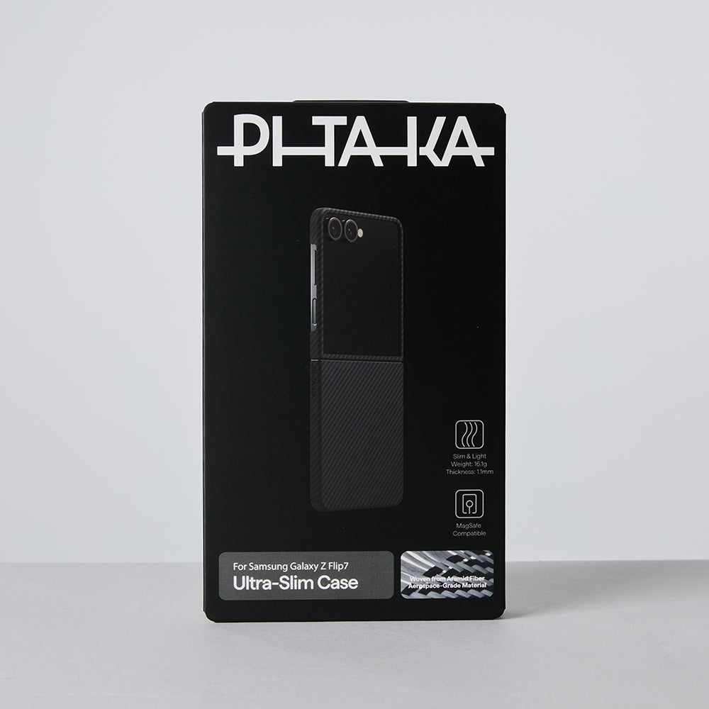 Galaxy Z Flip 7 Kılıf M-safe Şarj Özellikli 600D Aramid Fiber Pitaka Ultra-Slim Classic Serisi Black-Grey Twill Kılıf