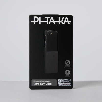 Galaxy Z Flip 7 Kılıf M-safe Şarj Özellikli 600D Aramid Fiber Pitaka Ultra-Slim Classic Serisi Black-Grey Twill Kılıf