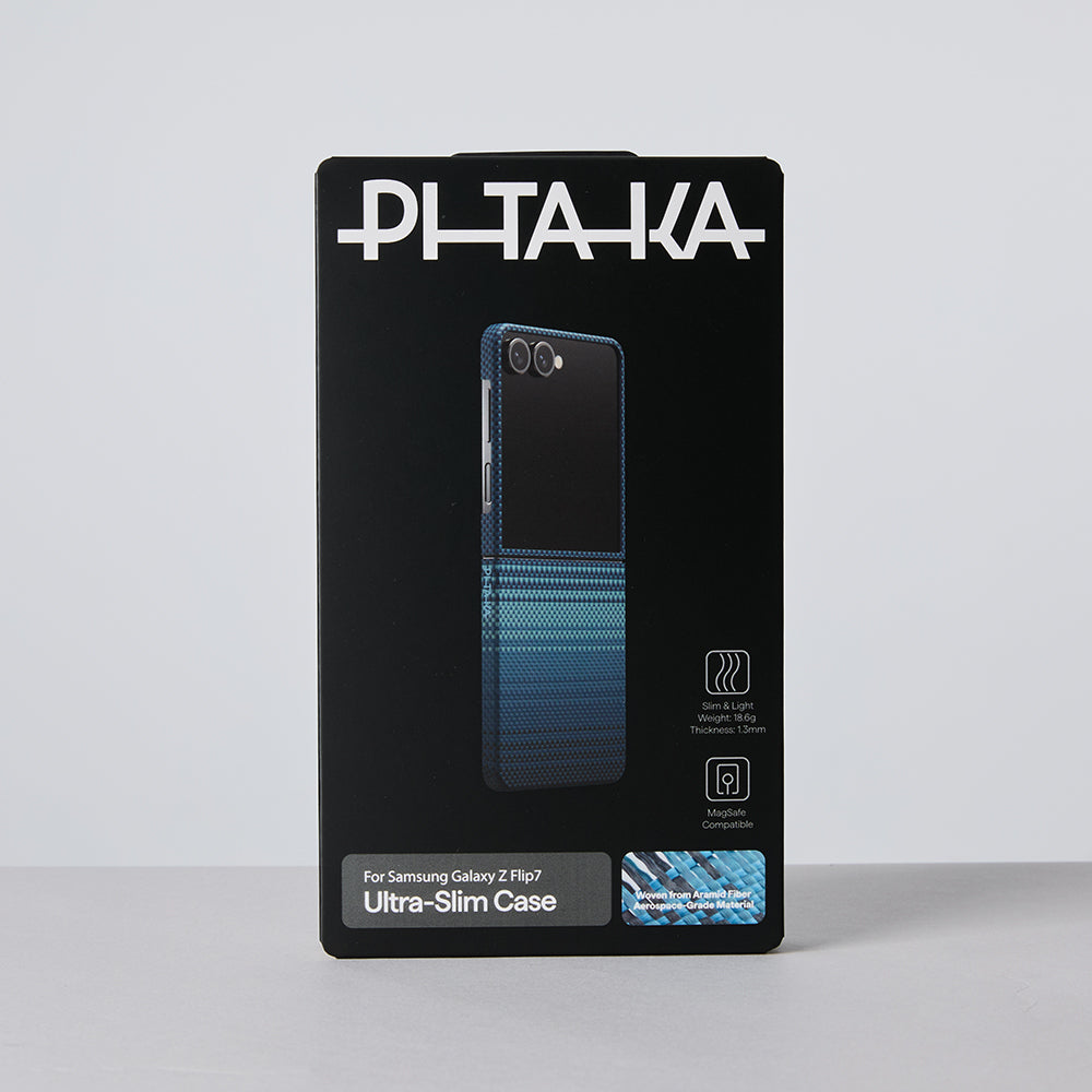 Galaxy Z Flip 7 Kılıf M-safe Şarj Özellikli Aramid Fiber Pitaka Tactile Woven Sunset-Moonrise Serisi Kılıf