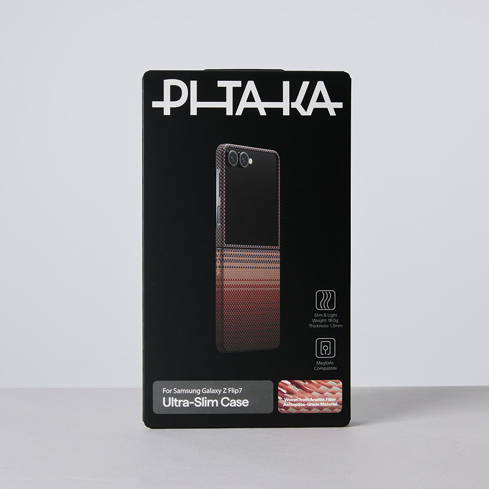 Galaxy Z Flip 7 Kılıf M-safe Şarj Özellikli Aramid Fiber Pitaka Tactile Woven Sunset-Moonrise Serisi Kılıf