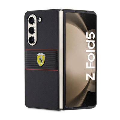 Galaxy Z Fold 5 Kılıf Ferrari Orjinal Lisanslı PU Deri Metal Logolu Multi Çizgili Kapak Kırmızı