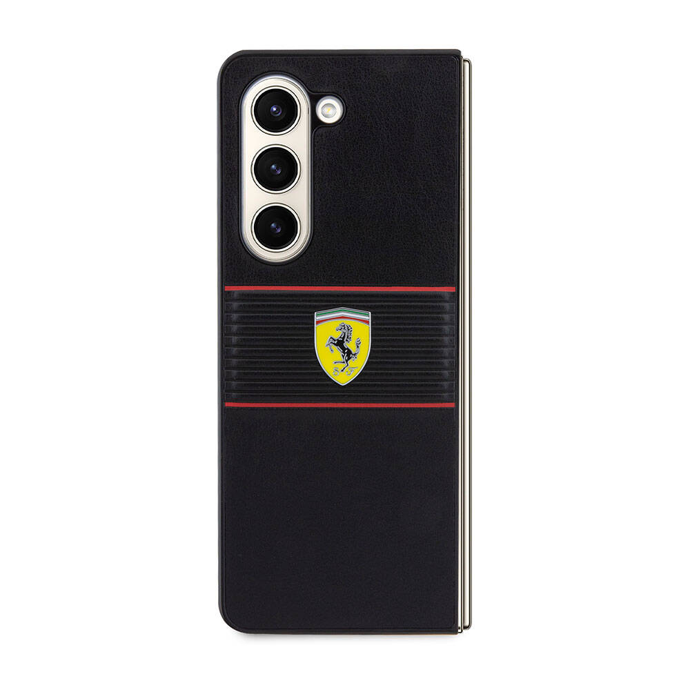 Galaxy Z Fold 5 Kılıf Ferrari Orjinal Lisanslı PU Deri Metal Logolu Multi Çizgili Kapak