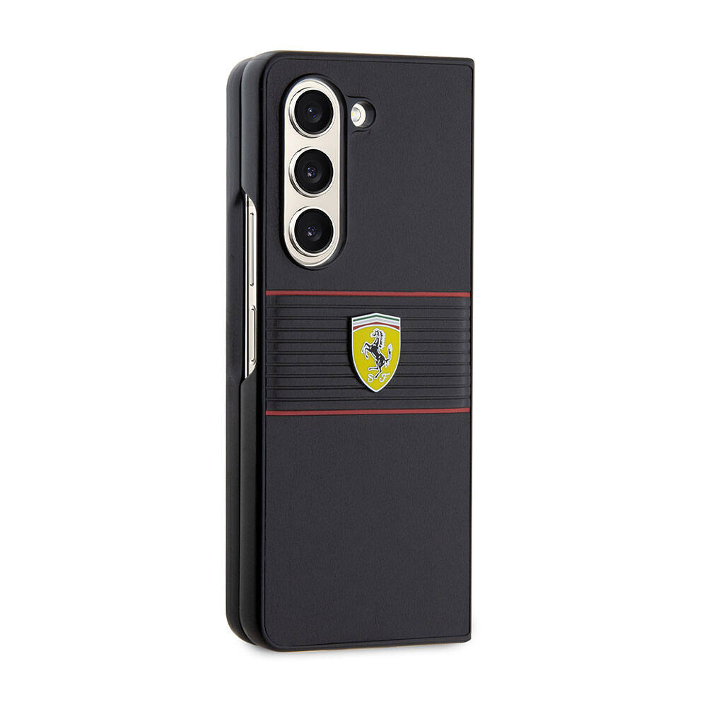 Galaxy Z Fold 5 Kılıf Ferrari Orjinal Lisanslı PU Deri Metal Logolu Multi Çizgili Kapak Siyah