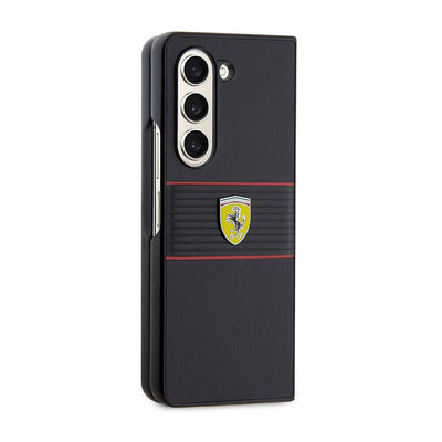 Galaxy Z Fold 5 Kılıf Ferrari Orjinal Lisanslı PU Deri Metal Logolu Multi Çizgili Kapak Siyah