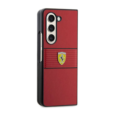 Galaxy Z Fold 5 Kılıf Ferrari Orjinal Lisanslı PU Deri Metal Logolu Multi Çizgili Kapak Siyah