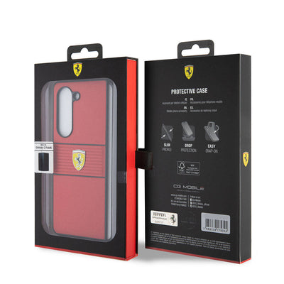 Galaxy Z Fold 5 Kılıf Ferrari Orjinal Lisanslı PU Deri Metal Logolu Multi Çizgili Kapak Siyah