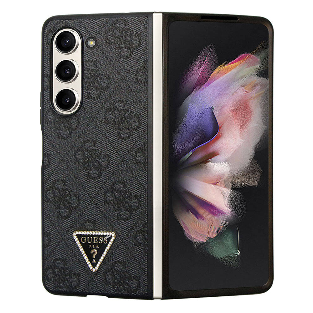 Galaxy Z Fold 5 Kılıf Guess Orjinal Lisanslı PU Deri Taşlı Üçgen Logo 4G Desenli Strass Kapak