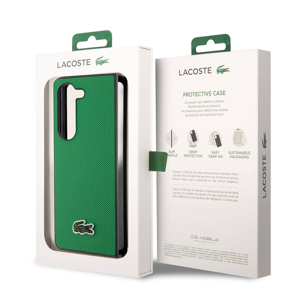 Galaxy Z Fold 5 Kılıf Lacoste Orjinal Lisanslı PU Pike Desenli Arka Yüzey İkonik Timsah Dokuma Logolu Kapak Yeşil