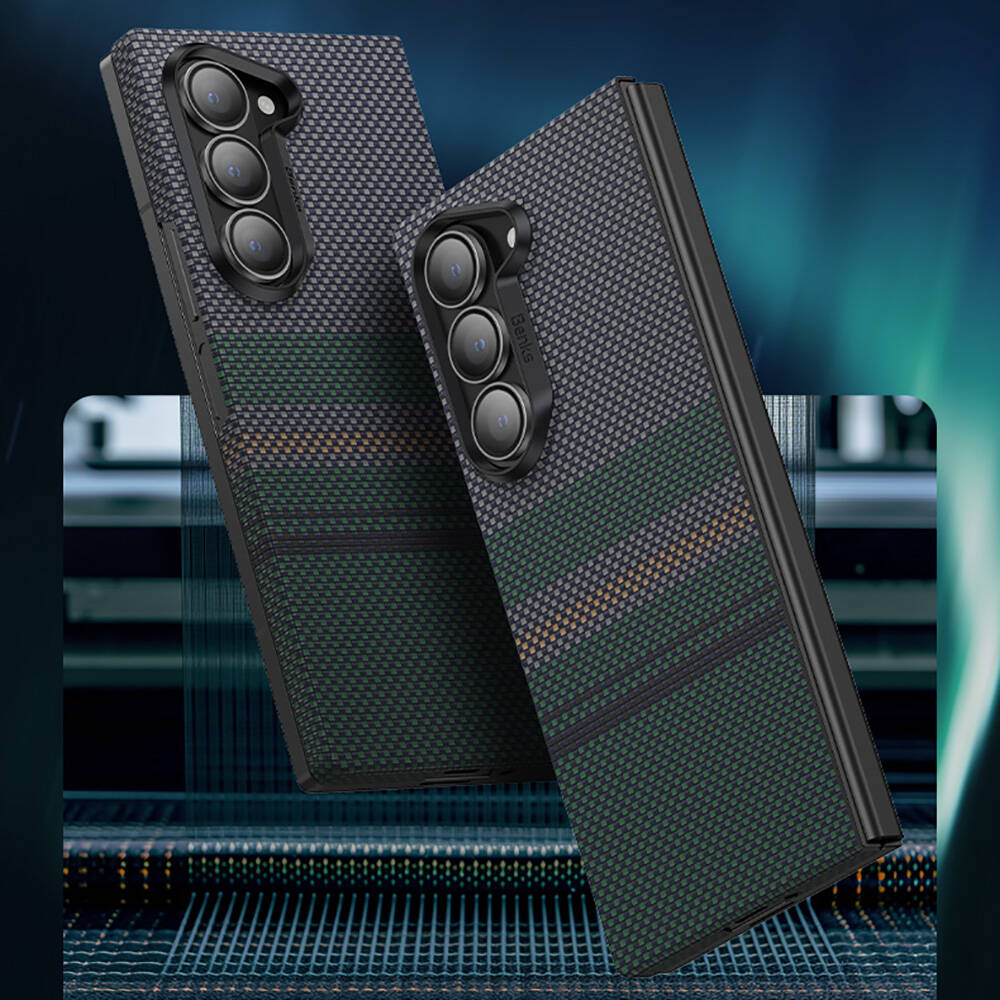Galaxy Z Fold 6 Kılıf Karbon Fiber Tasarımlı Benks Aurora ArmorAir Kevlar Kapak Siyah