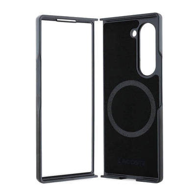 Galaxy Z Fold 6 Kılıf Lacoste Orjinal Lisanslı PU Pike Desenli Arka Yüzey İkonik Timsah Dokuma Logolu Kapak Siyah