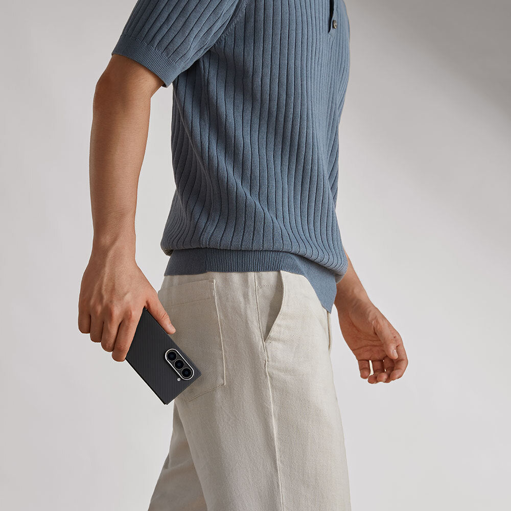 Galaxy Z Fold 6 Kılıf M-safe Şarj Özellikli 600D Aramid Fiber Pitaka Ultra-Slim Classic Serisi Black-Grey Twill Kılıf