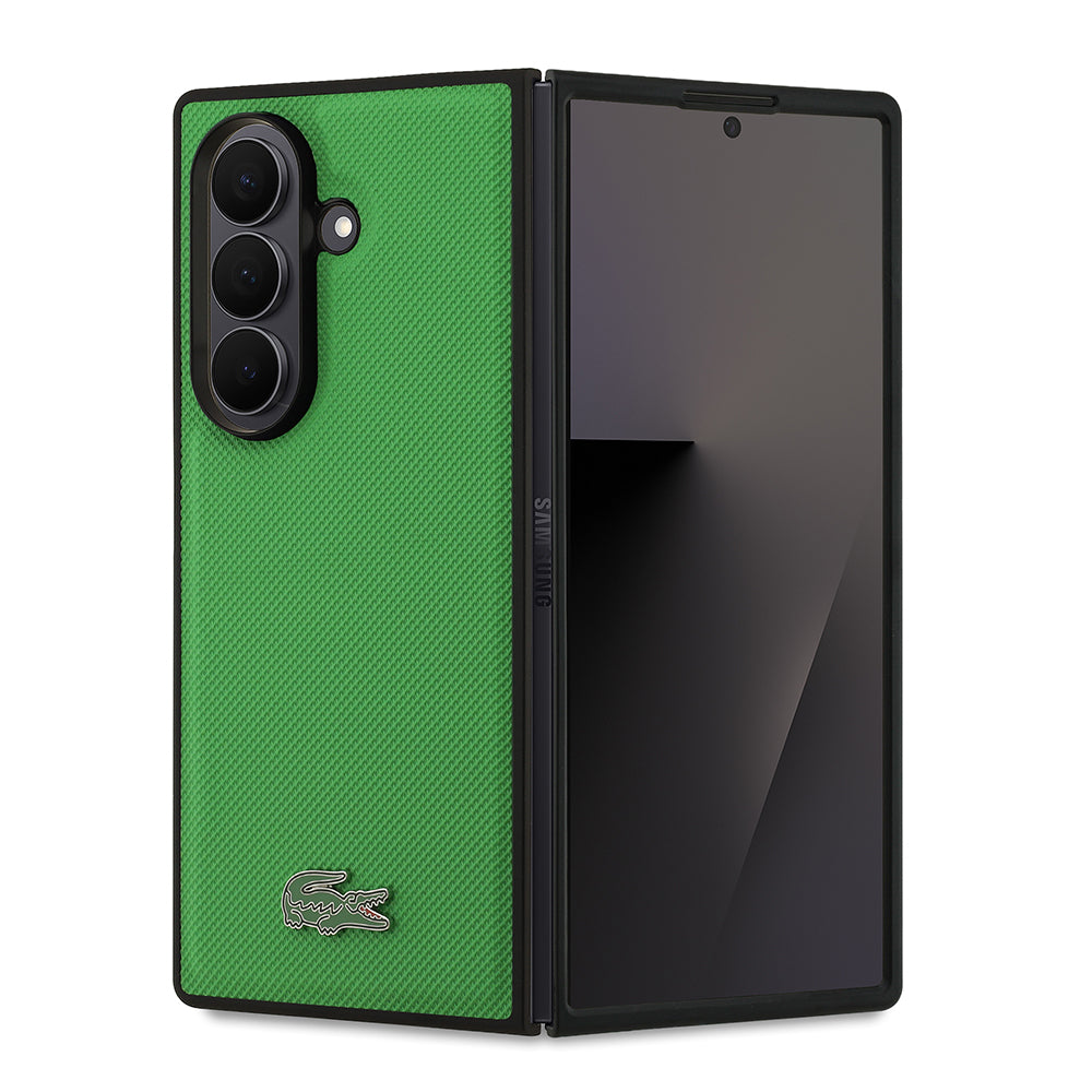Galaxy Z Fold 7 Kılıf Lacoste Orjinal Lisanslı M-safe Şarj Özellikli Pike Desenli Arka Yüzey İkonik Timsah Metal Logolu Kılıf