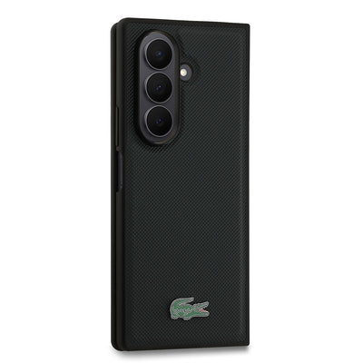 Galaxy Z Fold 7 Kılıf Lacoste Orjinal Lisanslı M-safe Şarj Özellikli Pike Desenli Arka Yüzey İkonik Timsah Metal Logolu Kapak Siyah