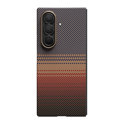 Galaxy Z Fold 7 Kılıf M-safe Şarj Özellikli Aramid Fiber Pitaka Tactile Woven Sunset-Moonrise Serisi Kapak Kahverengi
