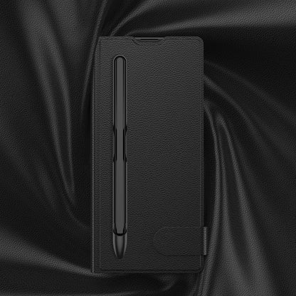 Galaxy Z Fold 7 Suni Deri Tasarımlı Kalem Bölmeli Zore Kıpta Kartlıklı Standlı Kılıf