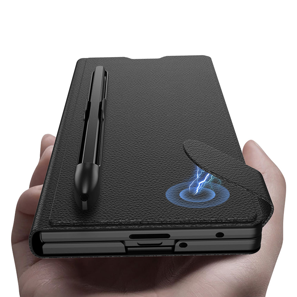 Galaxy Z Fold 7 Suni Deri Tasarımlı Kalem Bölmeli Zore Kıpta Kartlıklı Standlı Kılıf