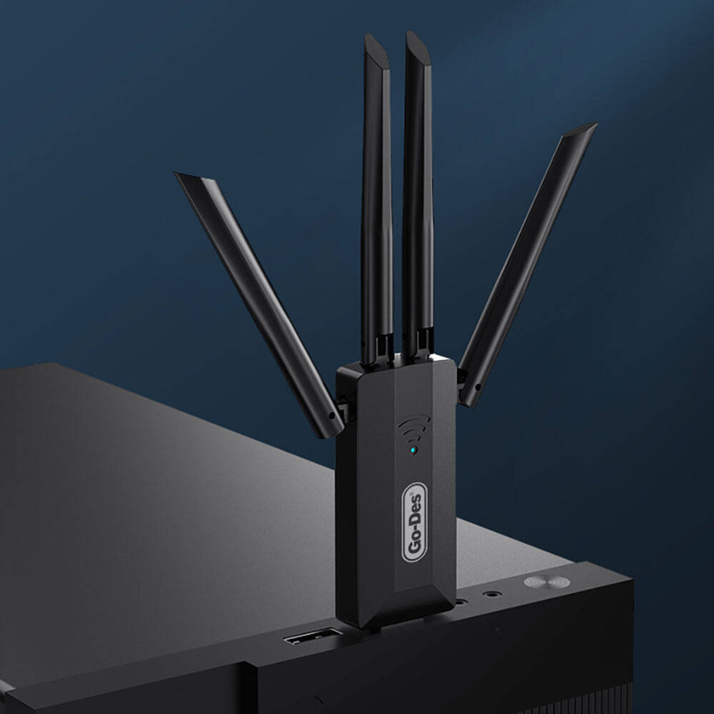 Go Des GD-BT318 Çift Bantlı 1200m 300Mbps 4 Antenli Kablosuz İnternet Sağlayıcı USB WiFi Adaptör Siyah