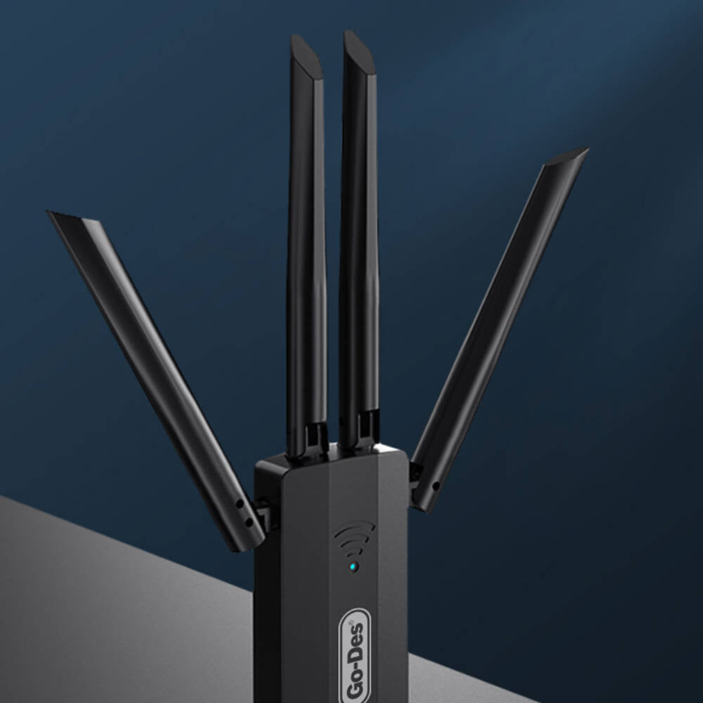 Go Des GD-BT318 Çift Bantlı 1200m 300Mbps 4 Antenli Kablosuz İnternet Sağlayıcı USB WiFi Adaptör Siyah